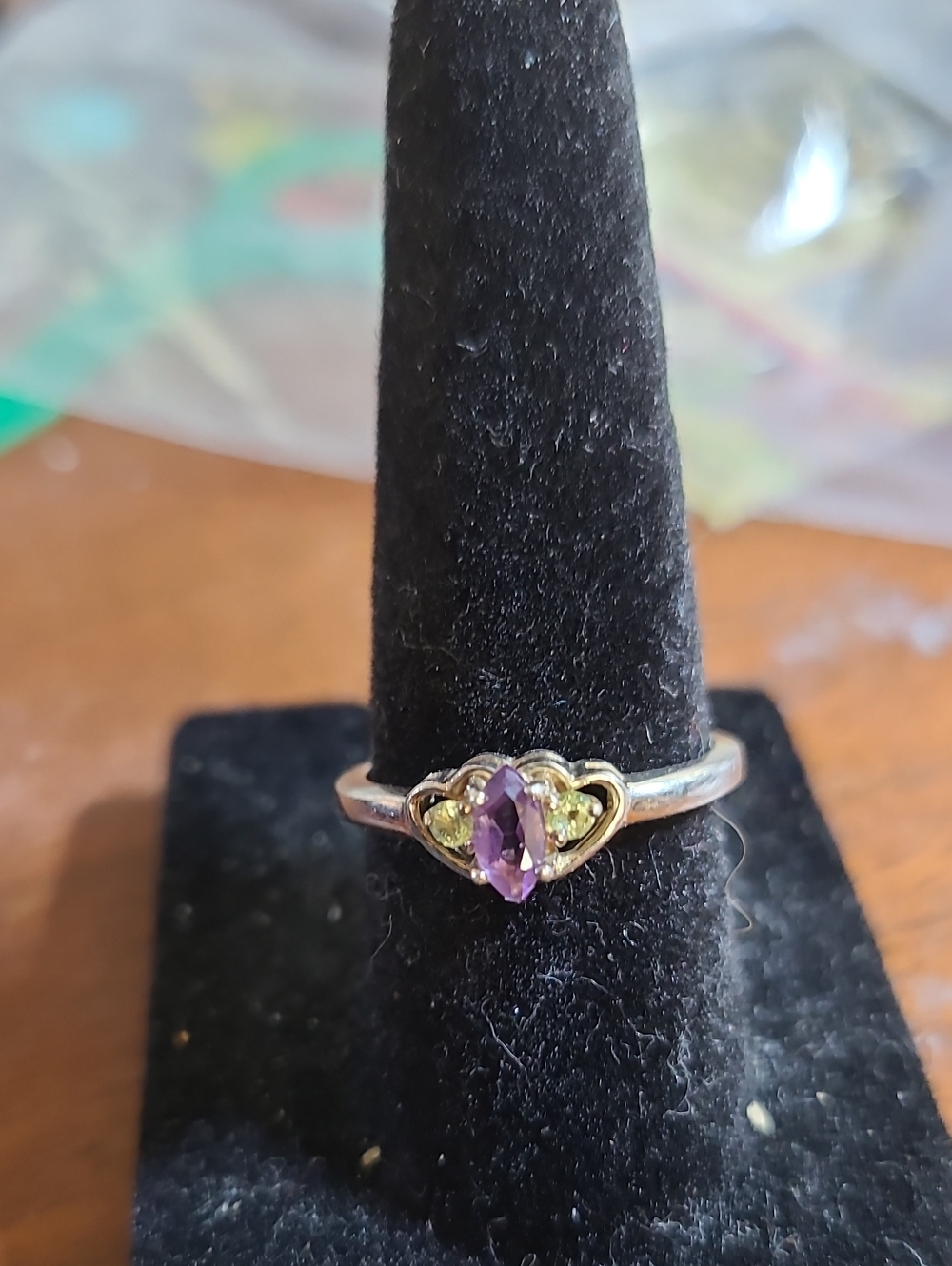 Sterling Silver Purple Amethyst Heart Ring with Green Peridot Accent Stones